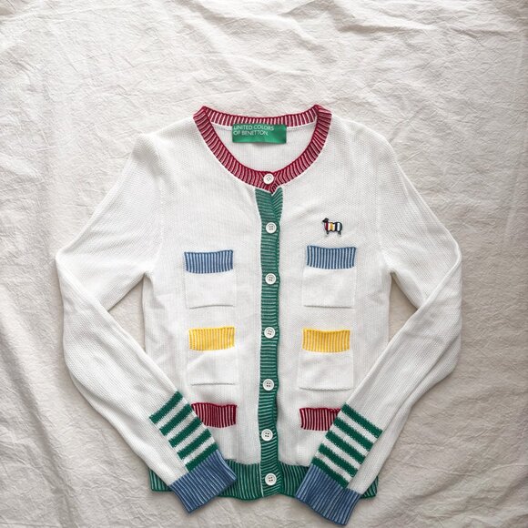 United Colors of Benetton Rainbow Pocket Cardigan XS White Cotton Sheep Logo - Picture 5 of 14